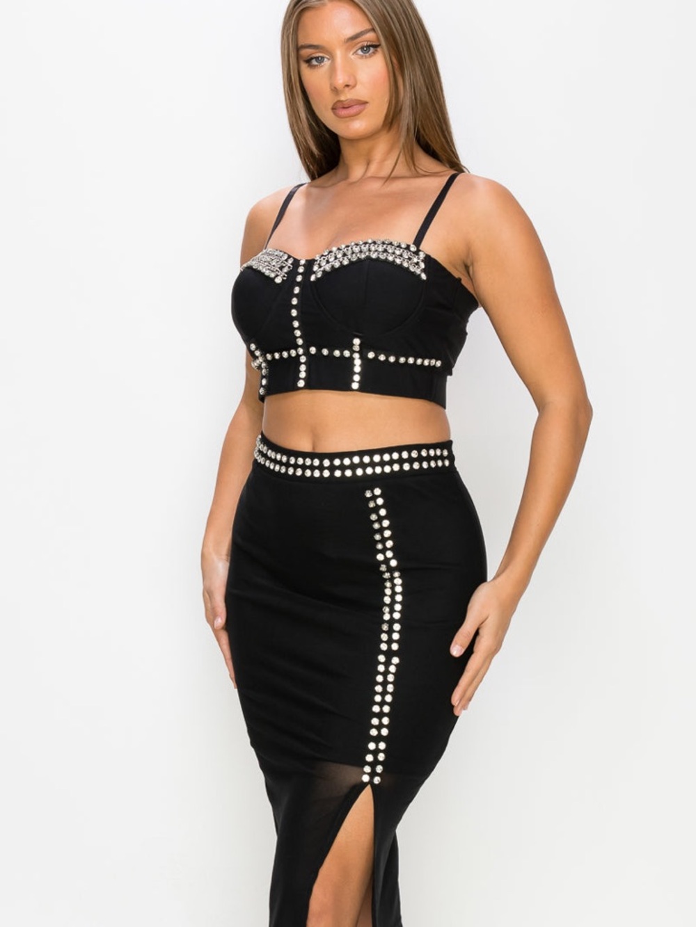 Black Crystal-Embellished Crop Top & High-Slit Skirt Set - Picture 4 of 8
